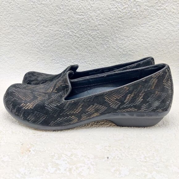 Dansko 'olivia' Loafer Flat Shoe Sz 37 US 6.5 - 7 Black & Bronze Snake Embossed - Picture 16 of 16